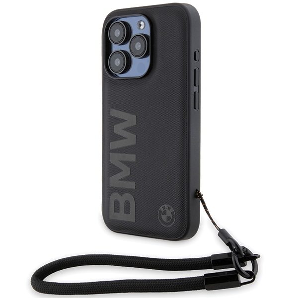 BMW iPhone 15 Pro Max vāciņš Signature Leather Wordmark Cord, melns