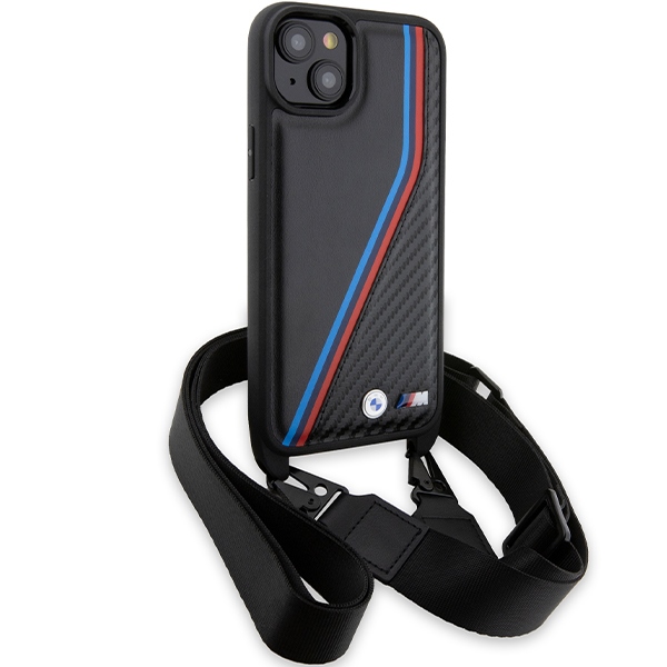 BMW iPhone 15 / 14 / 13 vāciņš M Edition Carbon Tricolor Lines & Strap, melns
