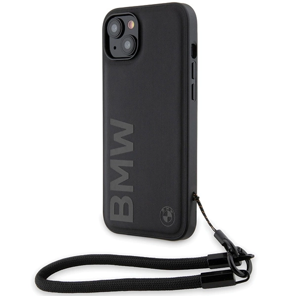 BMW iPhone 15 Plus / 14 Plus vāciņš Signature Leather Wordmark Cord, melns