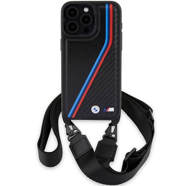 BMW iPhone 15 Pro vāciņš M Edition Carbon Tricolor Lines & Strap, melns