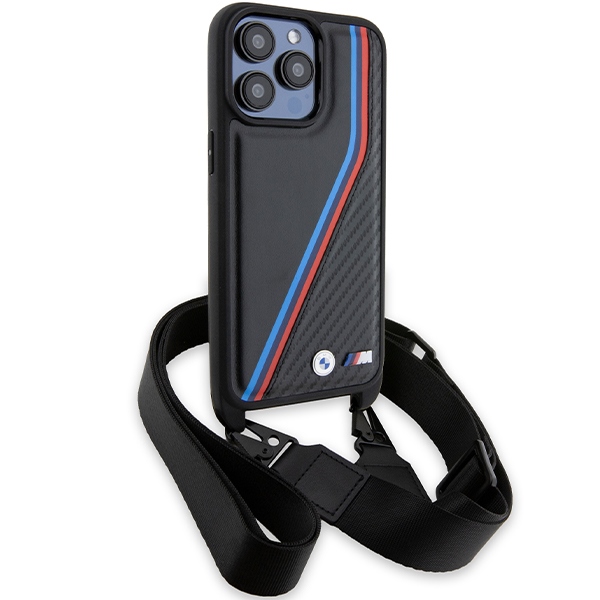 BMW iPhone 15 Pro vāciņš M Edition Carbon Tricolor Lines & Strap, melns