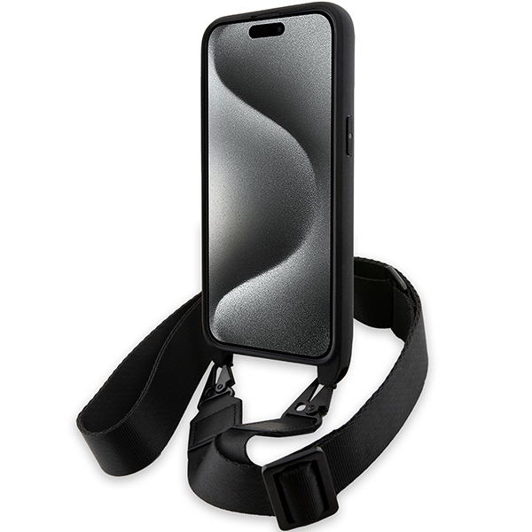BMW iPhone 15 Pro vāciņš M Edition Carbon Tricolor Lines & Strap, melns