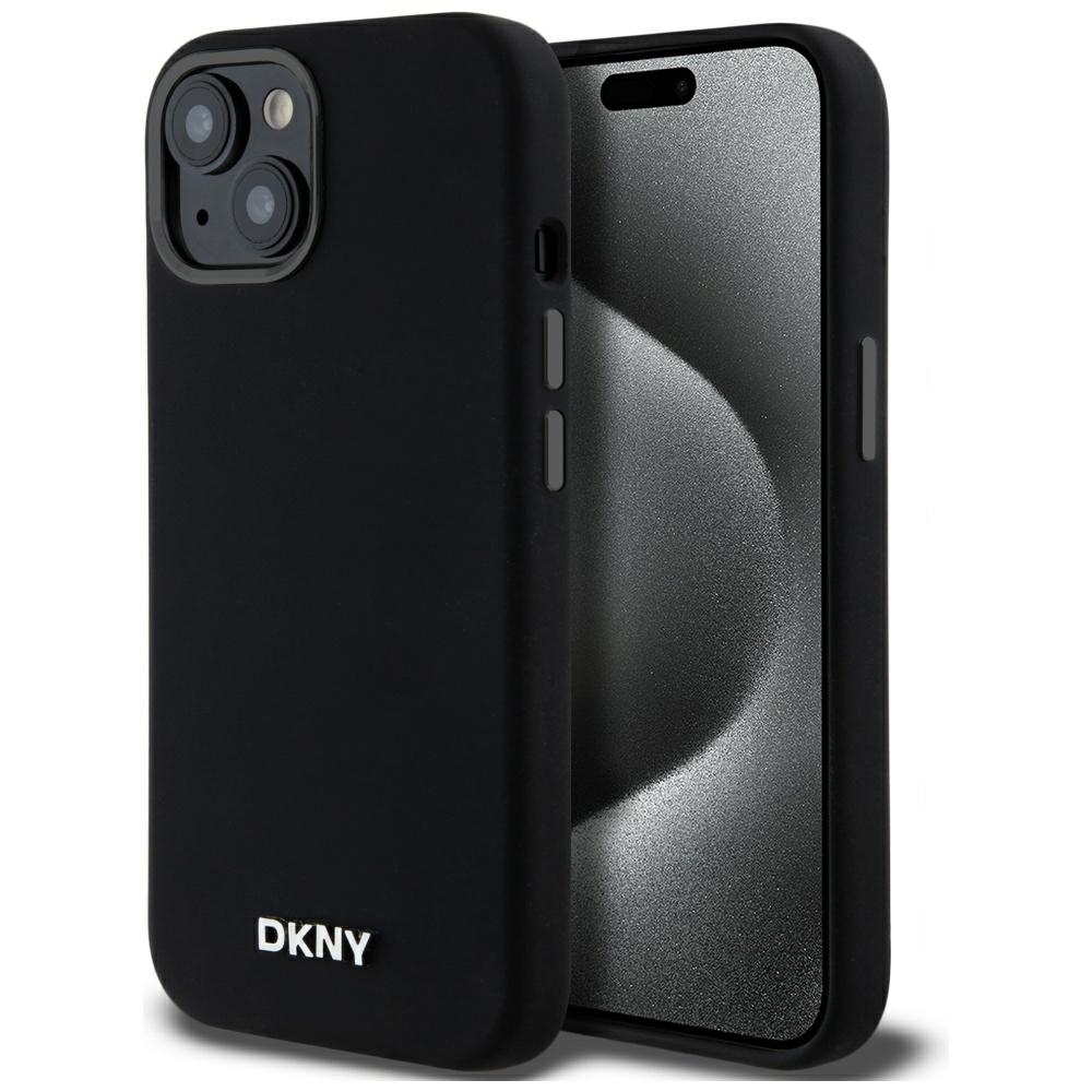 DKNY iPhone 14 / 15 / 13 vāciņš Liquid Silicone Small Metal Logo MagSafe, melns