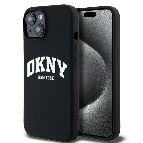 DKNY iPhone 14 vāciņš Liquid Silicone White Printed Logo MagSafe, melns