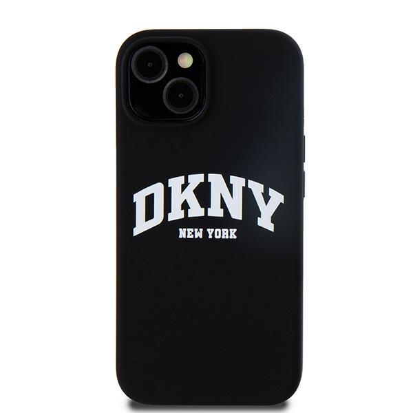 DKNY iPhone 14 vāciņš Liquid Silicone White Printed Logo MagSafe, melns