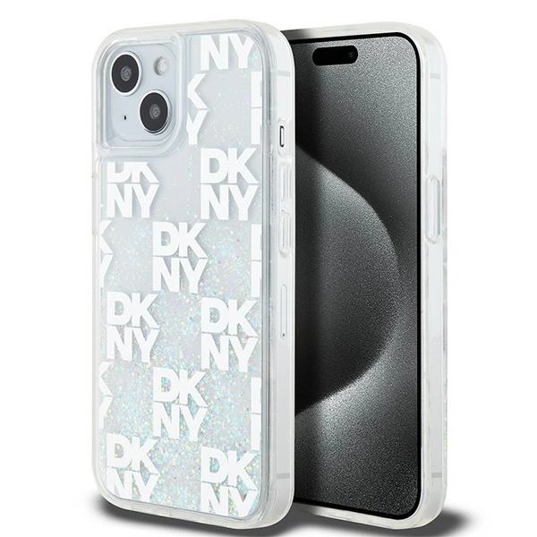 DKNY iPhone 15 / 14 / 13 vāciņš Liquid Glitter Multilogo, balts