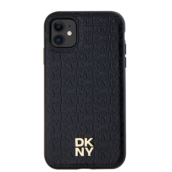 DKNY iPhone 11 / XR vāciņš Leather Monogram Pattern Metal Logo MagSafe, melns