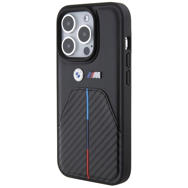 BMW iPhone 15 Pro vāciņš Stamped Tricolor Stripe, melns