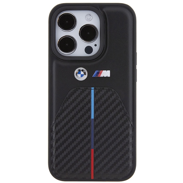 BMW iPhone 15 Pro vāciņš Stamped Tricolor Stripe, melns