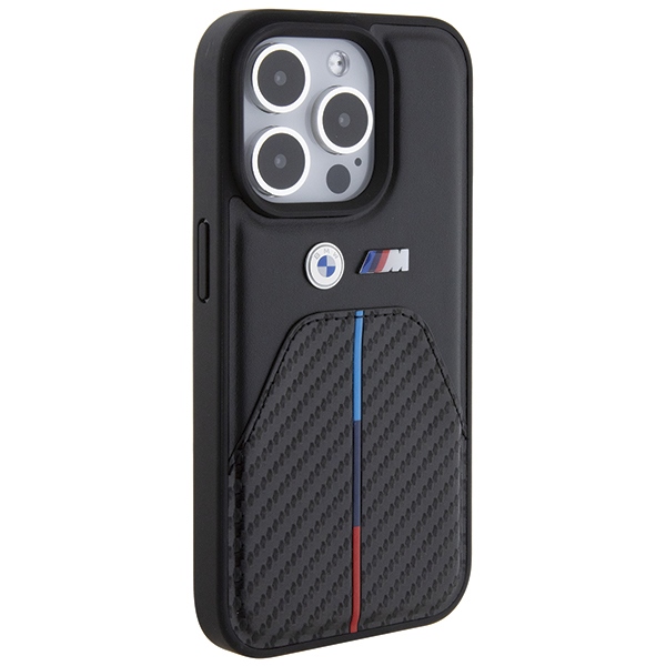 BMW iPhone 15 Pro vāciņš Stamped Tricolor Stripe, melns