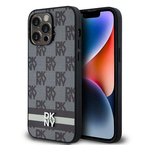 Apple iPhone 14 Pro Max 6.7'' DKNY Leather Checkered Mono Pattern Printed Stripes Case Cover, Black
