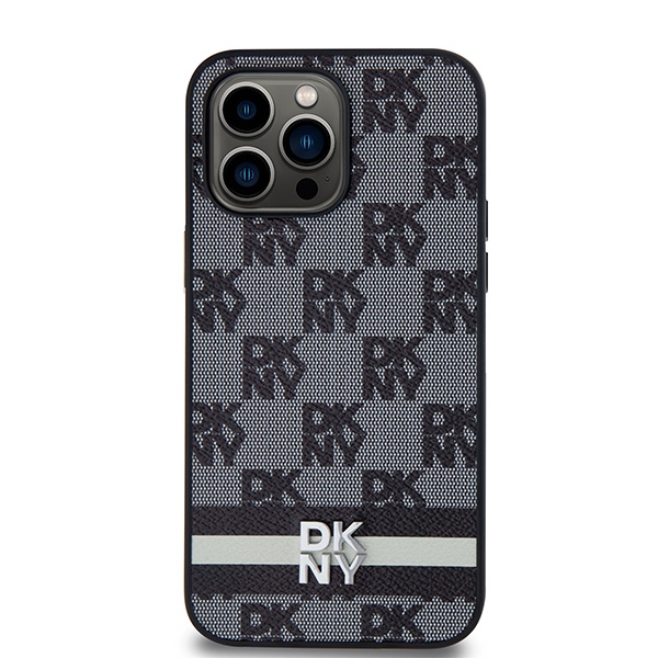 DKNY iPhone 14 Pro Max vāciņš Leather Checkered Mono Pattern, melns