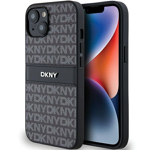 Apple iPhone 15 6.1'' DKNY Leather Mono Stripe Metal Logo Case Cover, Black