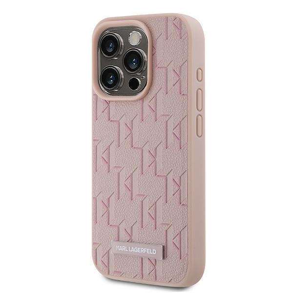 Karl Lagerfeld iPhone 15 Pro Case Leather Monogram Metal Logo, Pink