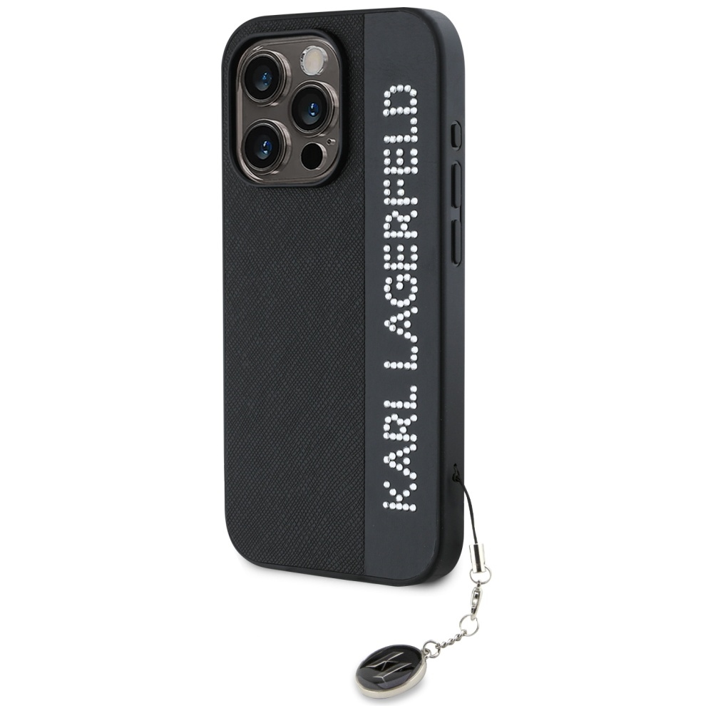 Karl Lagerfeld iPhone 15 Pro Max vāciņš Saffiano Rhinestones & Charm, melns
