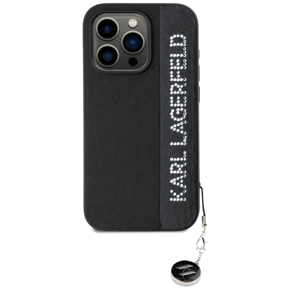 Karl Lagerfeld iPhone 15 Pro Max vāciņš Saffiano Rhinestones & Charm, melns