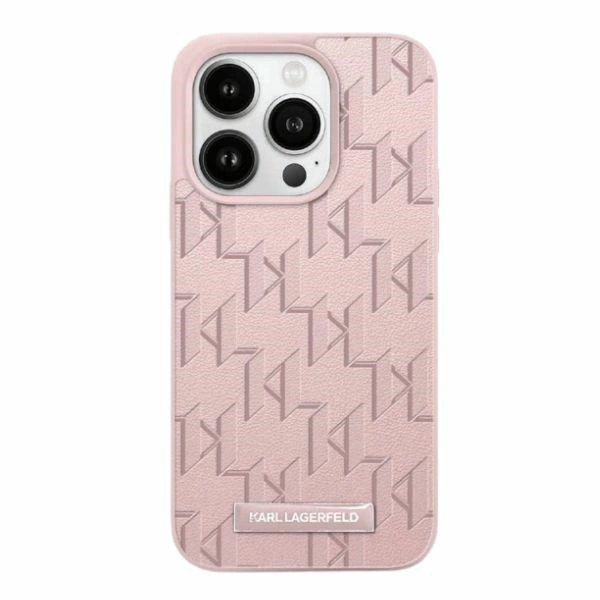 Karl Lagerfeld iPhone 15 Pro Max Case Leather Monogram Metal Logo, Pink