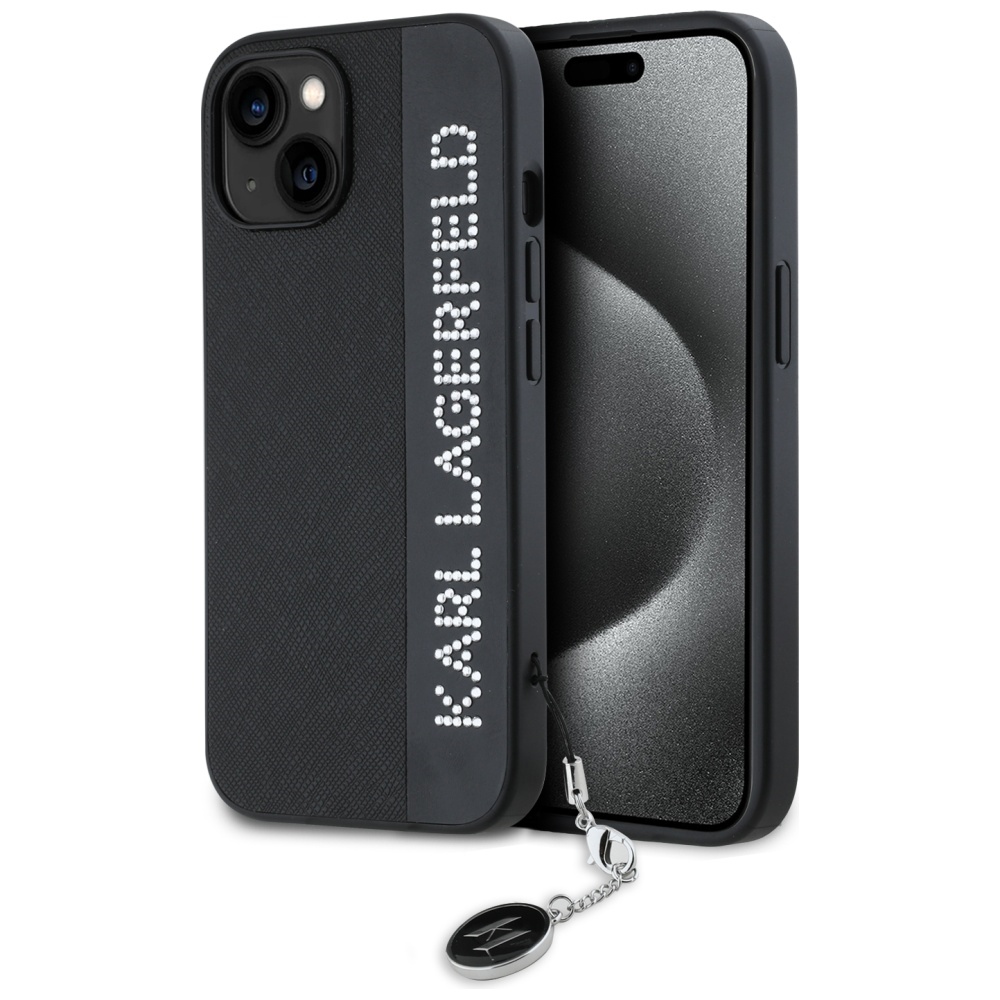 Karl Lagerfeld iPhone 15 / 14 / 13 vāciņš Saffiano Rhinestones & Charm, melns