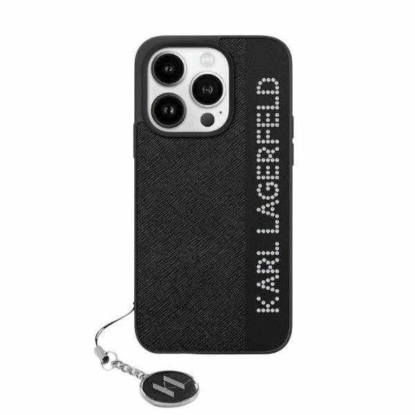 Apple iPhone 15 Pro 6.1" Karl Lagerfeld Saffiano Rhinestones & Charm Case Cover, Black