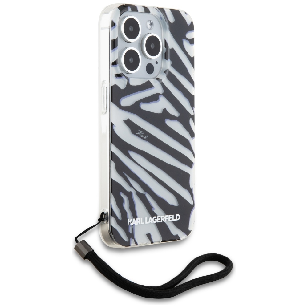 Karl Lagerfeld iPhone 15 Pro Case IML Zebra Pattern & Cord, Black