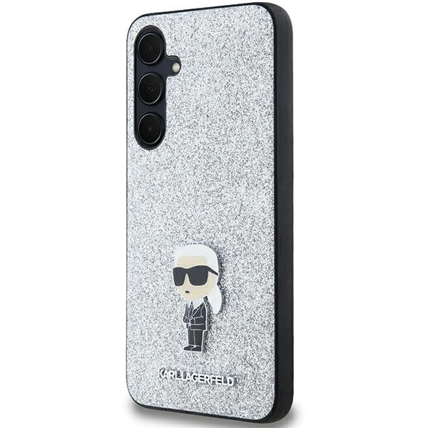 Samsung Galaxy A55 ( SM-A556B/DS ) Karl Lagerfeld Fixed Glitter Ikonik Logo Metal Pin Case Cover, Silver