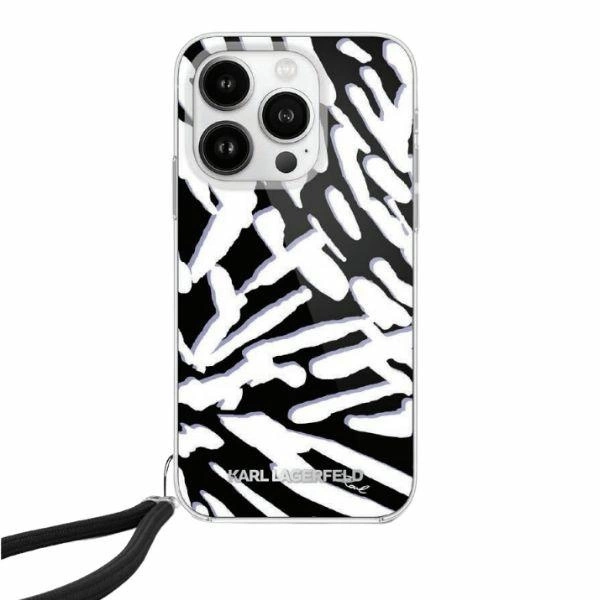 Karl Lagerfeld iPhone 15 Pro Max Case IML Zebra Pattern & Cord, Black