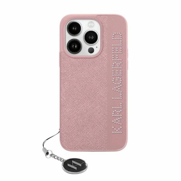 Apple iPhone 15 Pro 6.1" Karl Lagerfeld Saffiano Rhinestones & Charm Case Cover, Pink