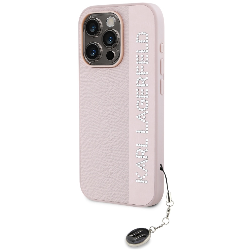 Karl Lagerfeld iPhone 15 Pro Case Saffiano Rhinestones & Charm, Pink
