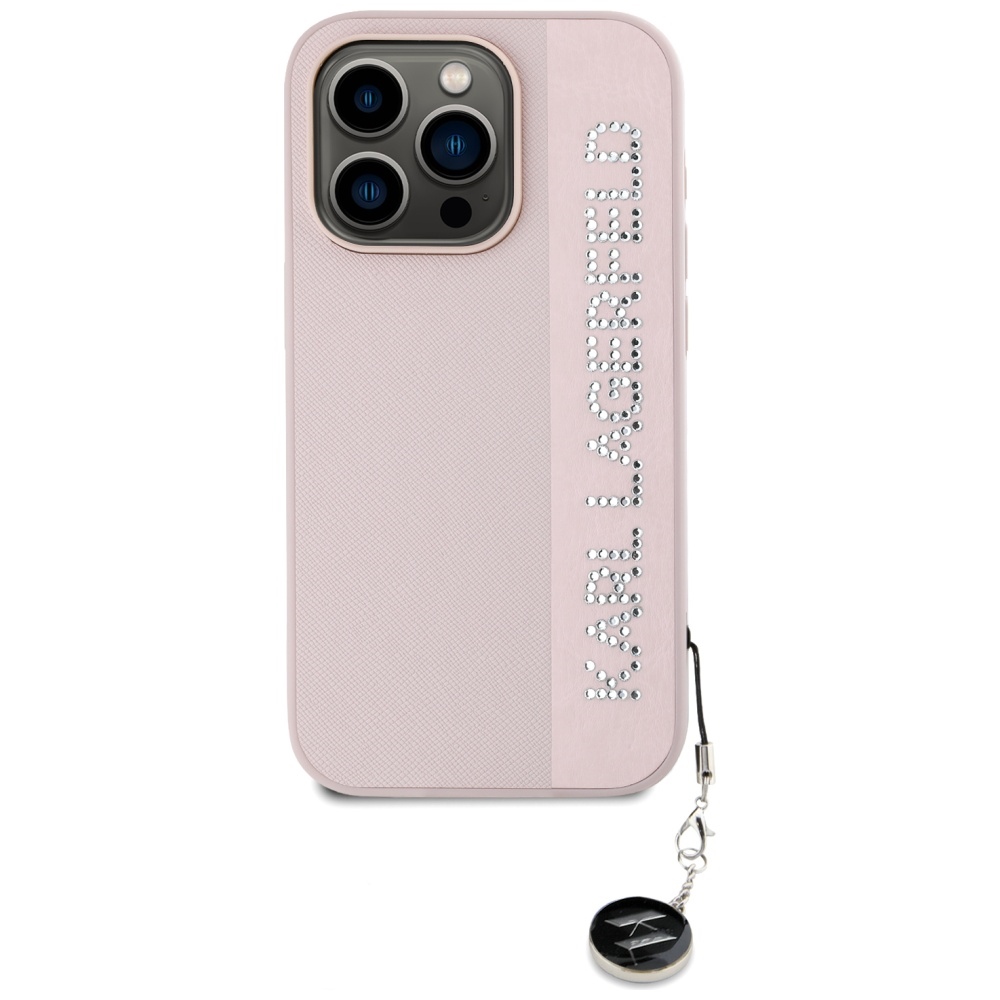 Karl Lagerfeld iPhone 15 Pro Case Saffiano Rhinestones & Charm, Pink