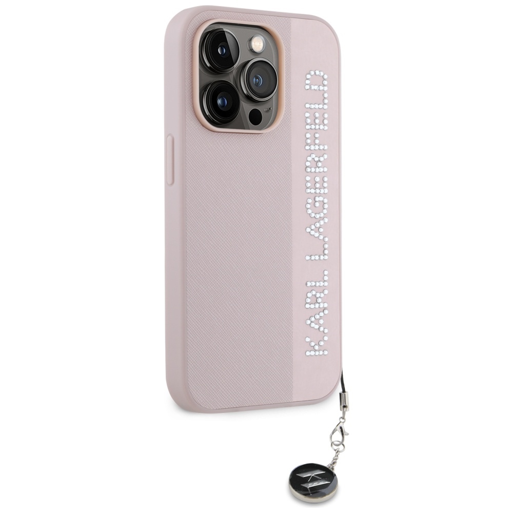 Karl Lagerfeld iPhone 15 Pro Case Saffiano Rhinestones & Charm, Pink