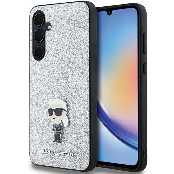 Samsung Galaxy A35 ( SM-A356E/DS ) Karl Lagerfeld Fixed Glitter Ikonik Logo Metal Pin Case Cover, Silver