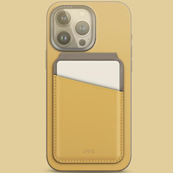 Uniq Lyden DS magnētiskais RFID maksts ar telefona statīvu - dzelteni pelēks | magnetic wallet with phone stand...