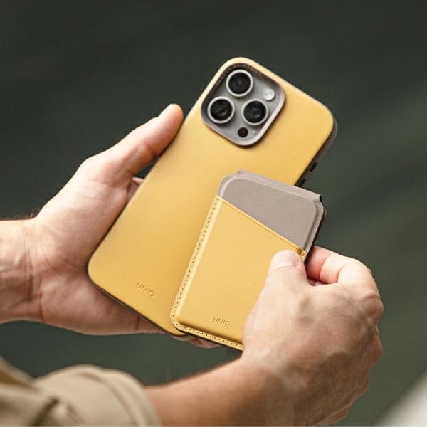 Uniq Lyden DS magnētiskais RFID maksts ar telefona statīvu - dzelteni pelēks | magnetic wallet with phone stand...