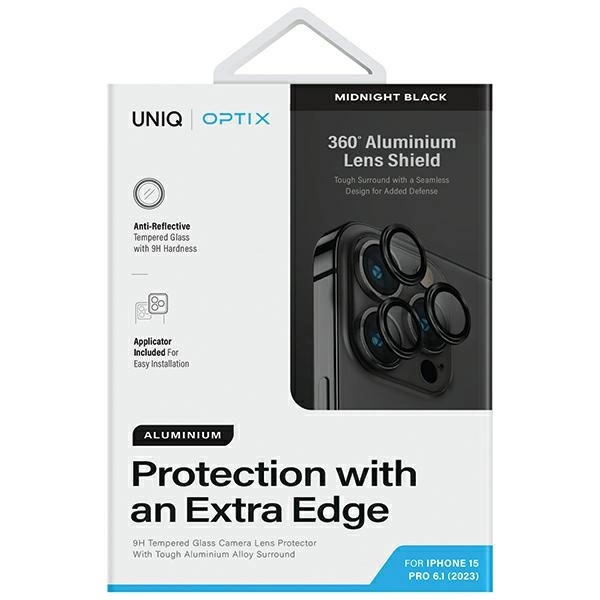 Uniq Optix alumīnija kameras objektīva aizsargs iPhone 15 Pro objektīvam ar aplikatoru - melns | Aluminum Camera...