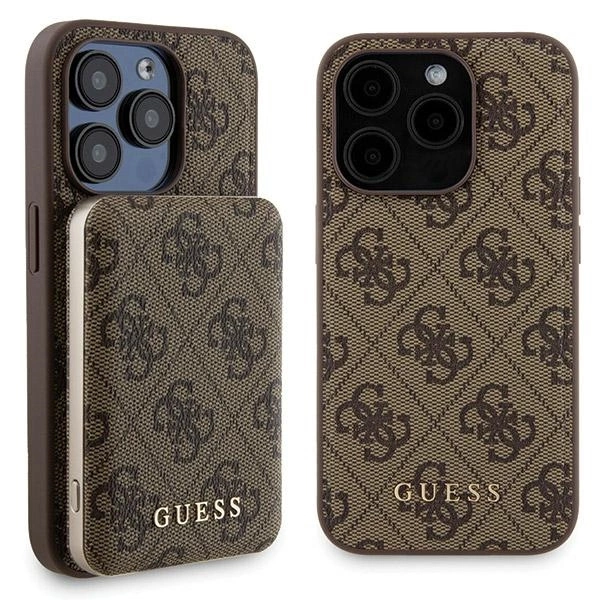 Apple iPhone 15 Pro 6.1'' Guess 4G Metal Logo + 5000mAh MagSafe Power Bank Case Cover, Brown