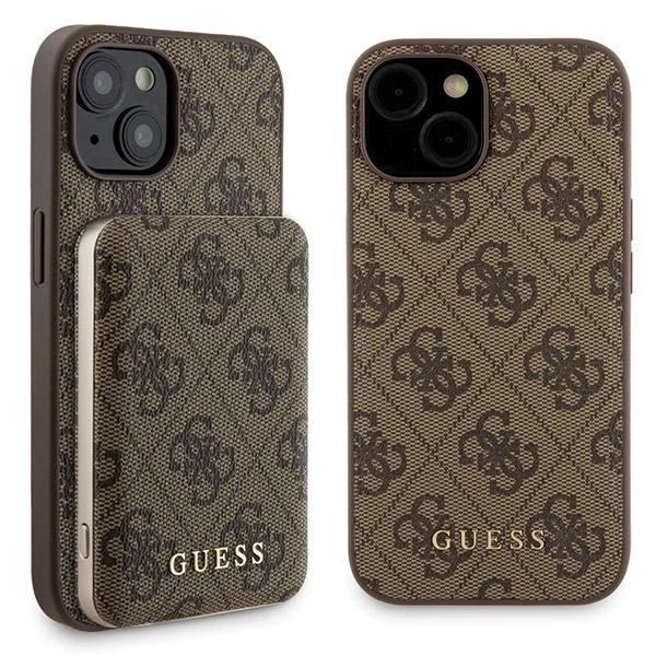 Apple iPhone 15 6.1'' Guess 4G Metal Logo + 5000mAh MagSafe Power Bank Case Cover, Brown