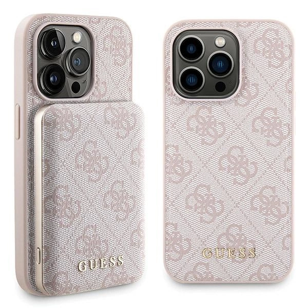 Apple iPhone 15 Pro Max 6.7'' Guess 4G Metal Logo + 5000mAh MagSafe Power Bank Case Cover, Pink