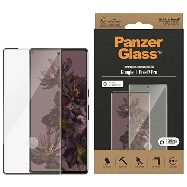 Закаленное антибактериальное стекло PanzerGlass Ultra-Wide Fit для Google Pixel 7...