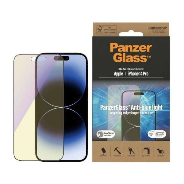PanzerGlass Ultra-Wide Fit antibakteriāls rūdīts stikls ar zilās gaismas filtru un pozicionēšanas ierīci iPhone...
