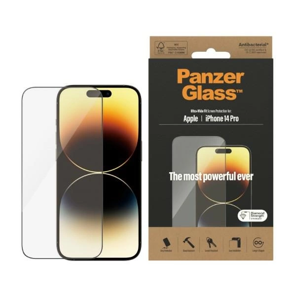 PanzerGlass Ultra-Wide Fit antibakteriāls rūdīts stikls iPhone 14 Pro | antibacterial tempered glass for
