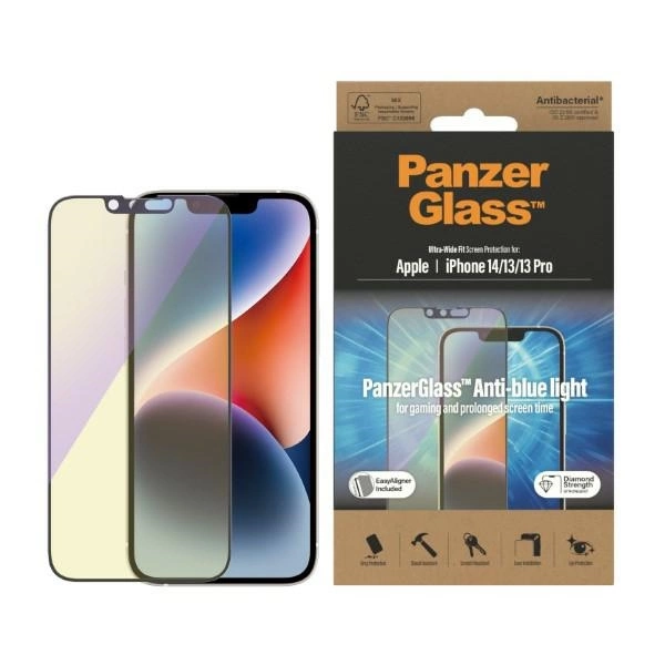 PanzerGlass Ultra-Wide Fit antibakteriāls rūdīts stikls ar zilās gaismas filtru un pozicionēšanas ierīci iPhone...