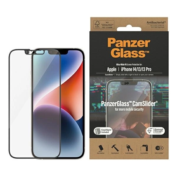 PanzerGlass Ultra-Wide Fit Antibakteriāls rūdīts stikls ar kameras vāciņu un pozicionētāju iPhone 14/13/13 Pro...