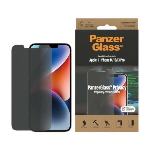 PanzerGlass Classic Fit privātuma antibakteriālais stikls iPhone 14/13 Pro/13 tālrunim | Privacy Antibacterial Glass...
