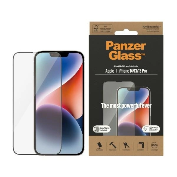 PanzerGlass Ultra-Wide Fit Antibakteriāls rūdīts stikls ar pozicionētāju iPhone 14/13 Pro/13 tālrunim |...
