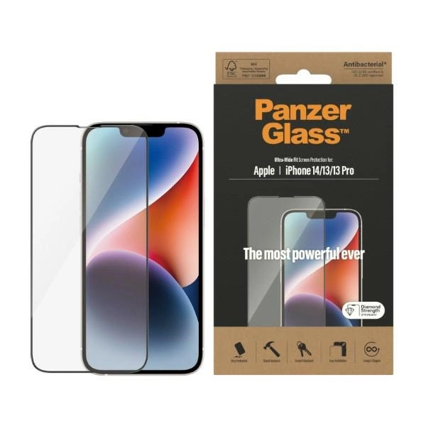 PanzerGlass Ultra-Wide Fit Antibakteriāls rūdīts stikls iPhone 14/13 Pro/13 tālrunim | Antibacterial Tempered Glass...