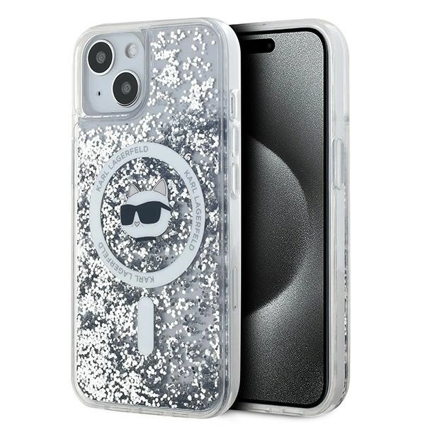 Karl Lagerfeld iPhone 13 / 14 / 15 vāciņš Liquid Glitter Choupette Head MagSafe, caurspīdīgs