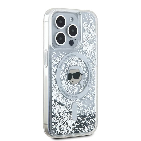 Karl Lagerfeld iPhone 15 Pro Max vāciņš Liquid Glitter Karl Head MagSafe, caurspīdīgs