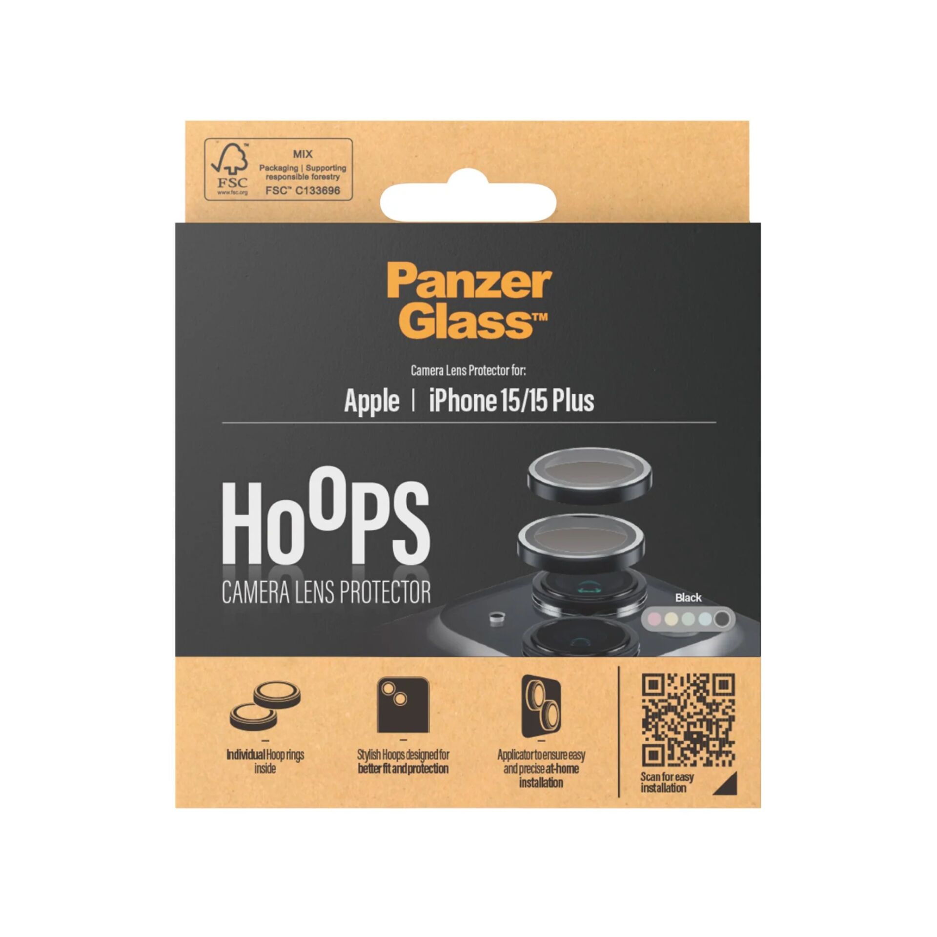 Panzerglass Hoops 1138 kameras aizsargstikls iPhone 15 / 15 Plus, caurspīdīgs ar melnu rāmi