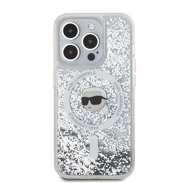 Karl Lagerfeld iPhone 15 Pro vāciņš Liquid Glitter Karl Head MagSafe, caurspīdīgs