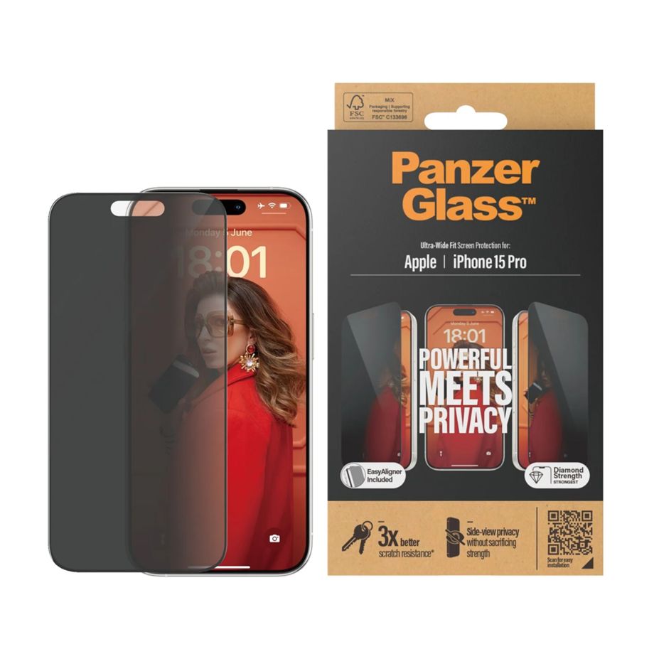 PanzerGlass Ultra-Wide Fit Privacy Tempered Glass for iPhone 15 Pro